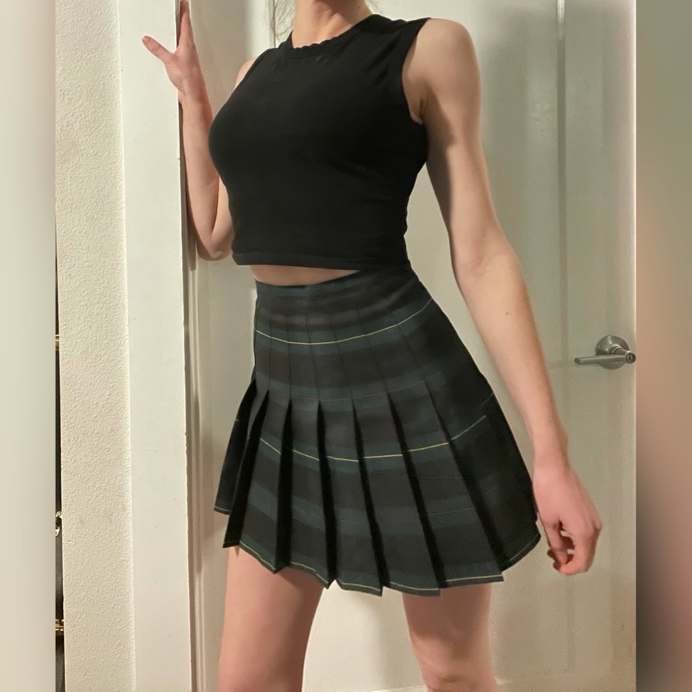 American Apparel XXS XS Green Plaid Pleated Tennis Skirt